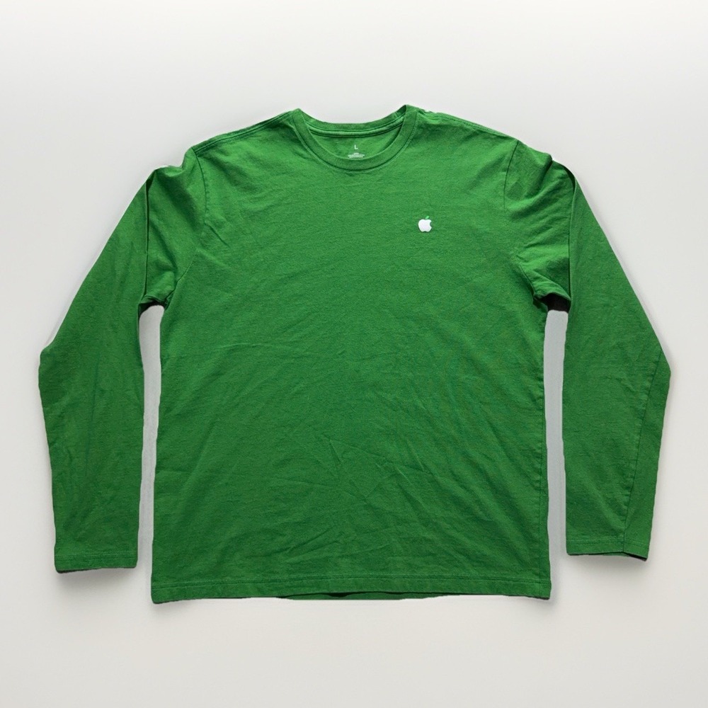 Apple Employee Long Sleeve T-Shirt Men L Green 100% Recycled Cotton Apple Logo
